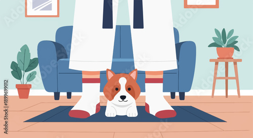 A cozy domestic scene with a person and a cute dog in a living room