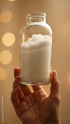 Hand holding glass jar with cotton bokeh background