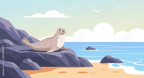 A seal rests on rocks by the ocean under a sky with clouds and a distant bird