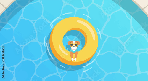 A cute dog wearing sunglasses floats in a pool on a yellow inflatable ring