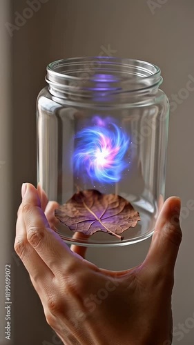 Mystical jar with swirling energy dried leaf