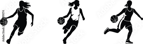 Female basketball player silhouette collection showing dribbling running ball handling isolated on white background sports fitness training competition illustration