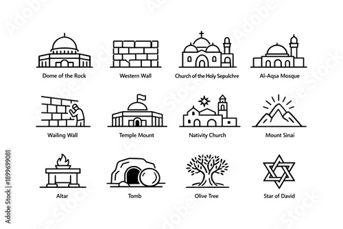 Iconic religious sites illustrated: dome, wall, mosque, church, mount