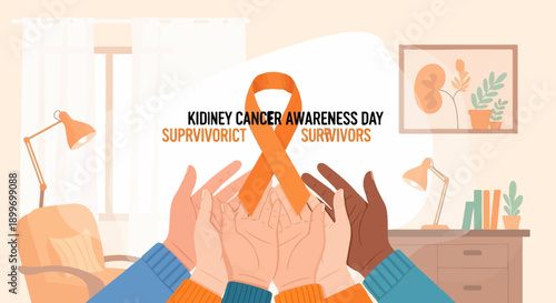 A collection of hands reaches up towards an orange awareness ribbon, supporting a cause