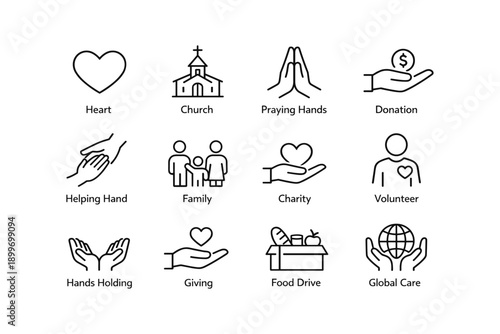 Icon set representing heart, church, charity, and global care themes