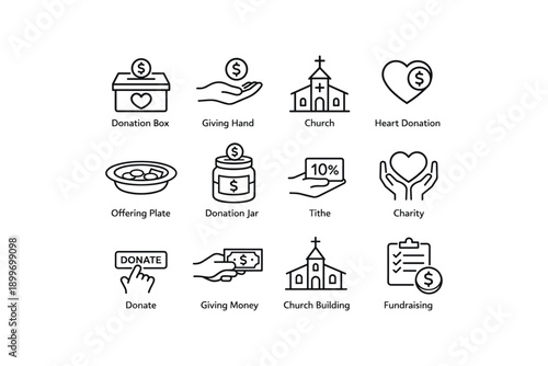 Donation symbols set featuring donation box, giving hand, church, heart, and charity icons