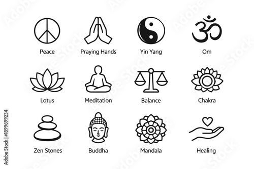 Spiritual symbols: peace, praying hands, yin yang, om, lotus, meditation, balance, chakra, zen, buddha, mandala, healing