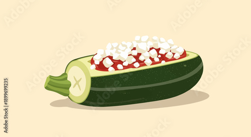 A halved zucchini is filled with tomato and cheese