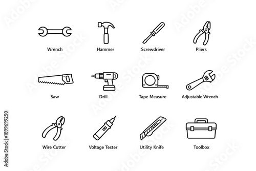 Tool icon set: wrench, hammer, screwdriver, pliers, saw, drill, tape measure, adjustable wrench