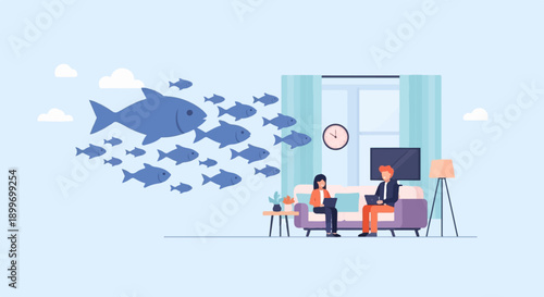 A school of fish swims towards a room with people working on laptops