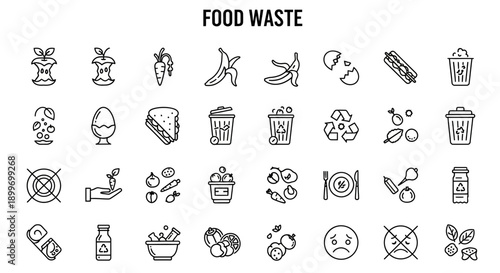 Food Waste Icons Set Carrots, Bananas, Eggshells, Recycling, Waste Segregation, Environmental Awareness Vector Graphics