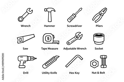 Outline icons of essential tools including wrench, hammer, screwdriver, pliers, and saw