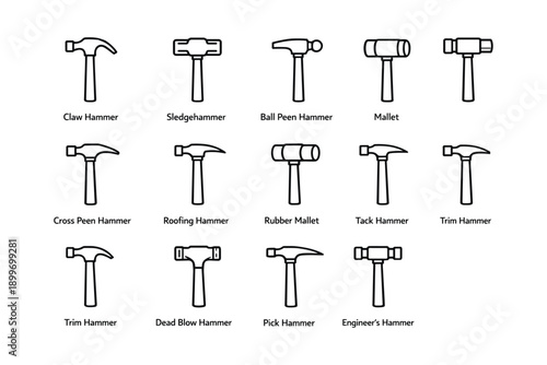 Variety of hammers: claw, sledge, ball peen, mallet, cross peen, roofing, rubber, tack, trim, dead blow, pick, engineer