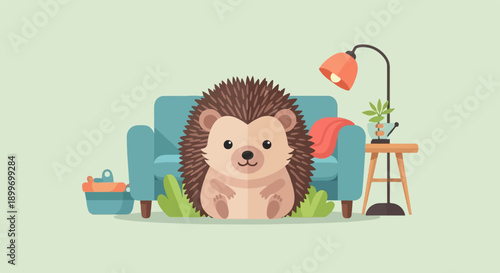 A cute hedgehog sits comfortably on a couch in a cozy room