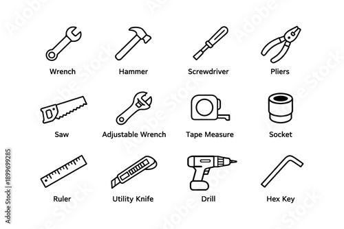 Black and white line drawings of common hand tools
