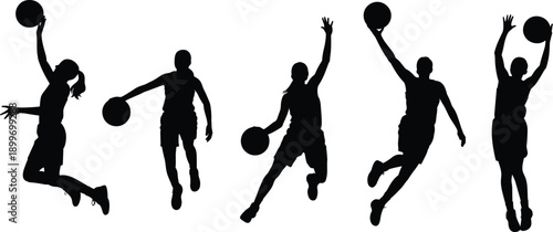 Female basketball player silhouettes performing dribbling, jump shot and scoring actions isolated background for sports design, fitness training and athletic concept