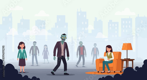 Animated cityscape with zombies approaching a calm woman in a living room