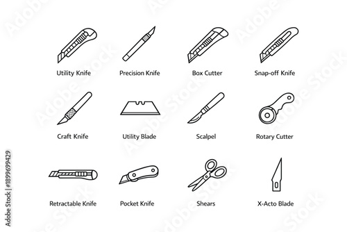 Collection of cutting tools including utility knife, scalpel, and rotary cutter illustrations