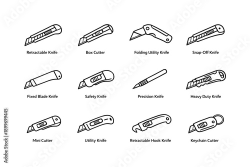 Assorted utility knives and cutters: retractable, box, safety, precision, keychain