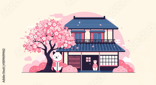 A cute panda and bear in traditional Japanese attire, by a cherry blossom tree