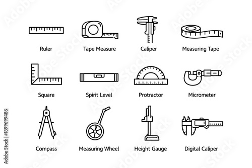 Set of measuring tools icons: ruler, caliper, micrometer, compass, protractor, tape