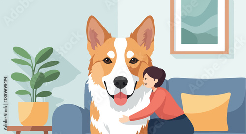 A person hugs a large corgi dog while sitting on a sofa in a living room