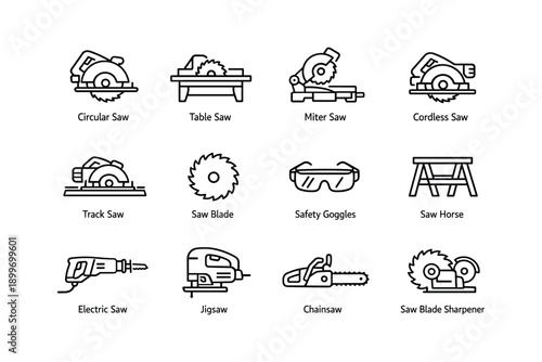 Collection of saw and safety tool icons: circular, table, miter, cordless, track saws, safety goggles, saw blade, horse