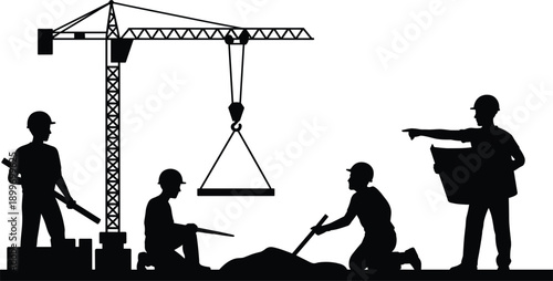 Construction workers with crane and building materials on white background Keywords: silhouette, construction, workers, crane