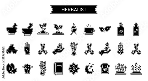 Herbalist Icon Set Natural Remedies, Plants, and Botanical Elements for Wellness