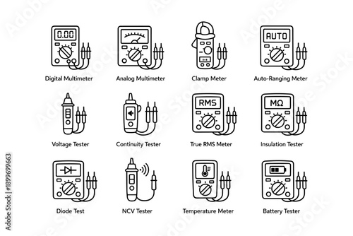 Various electrical testers and meters: digital, analog, clamp, auto-ranging