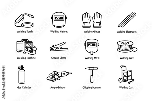 Essential welding tools and equipment icons: torch, helmet, gloves, electrodes, machine
