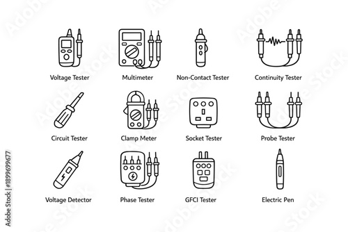 Various electrical testing tools and devices icons collection