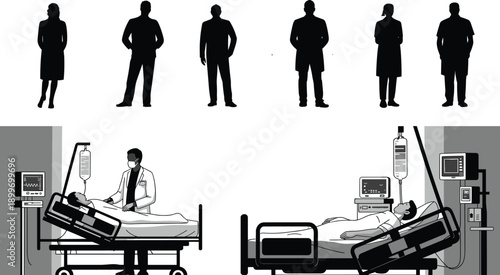 Hospital patient treatment and medical monitoring illustration, healthcare staff and patient silhouette set, clinical care equipment vector isolated background