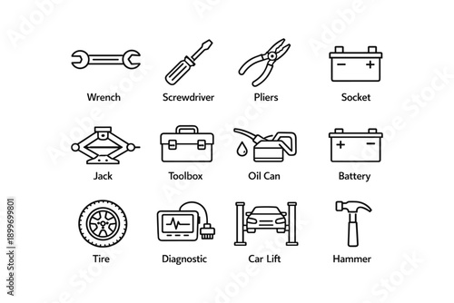 Automotive tools and equipment icons: wrench, screwdriver, pliers, battery