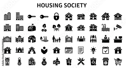 Housing Society Icon Set – Vector Illustration of Residential Community