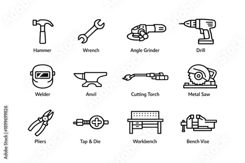 Hand tools set: hammer, wrench, angle grinder, drill, welder, anvil, cutting torch
