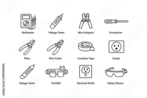 Electrical tools icons: multimeter, voltage tester, wire strippers, pliers, screwdriver