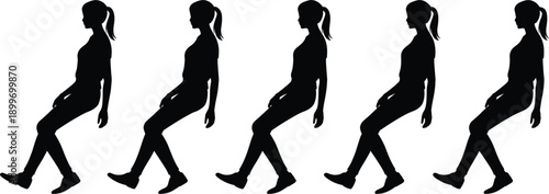 Five identical silhouettes of a woman sitting with legs extended on white background girl person