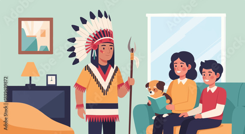 A person in headdress, a dog, and two children reading in a living room