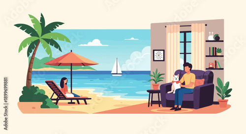 A cozy indoor scene with a man and dog contrasts with a vibrant beach view