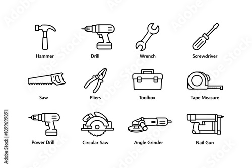 Tool icons set featuring hammer drill wrench and more in black and white outline