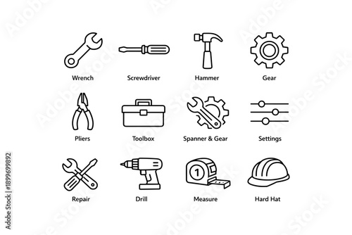 Tool icons set: wrench, hammer, screwdriver, gear, and more