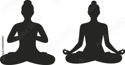 Meditating yoga silhouette duo showing lotus pose mindfulness calm wellness spiritual relaxation isolated on white background healthy lifestyle illustration concept