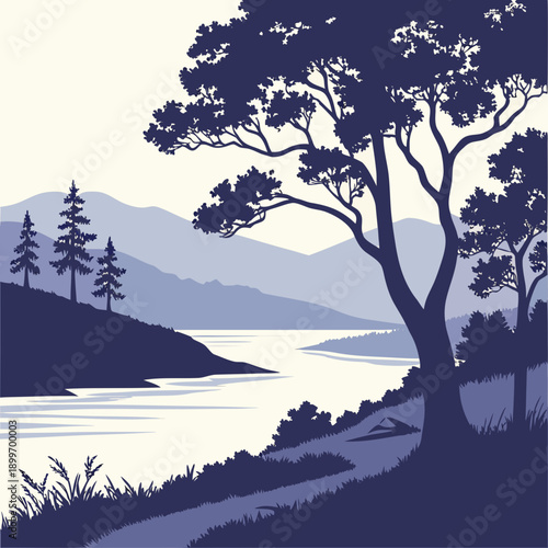 A serene landscape featuring a tree silhouetted against a tranquil lake at dusk