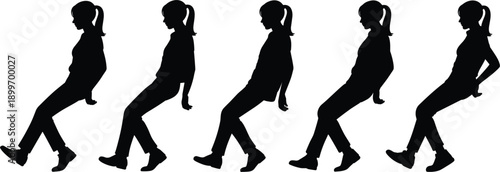 Five Silhouettes of a Woman Leaning Back with Ponytail female sitting