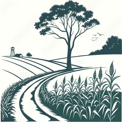 A serene countryside landscape with a winding path leading to a solitary tree