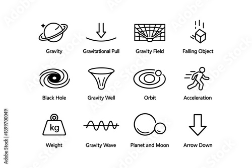 Gravity concepts: diagrams of black hole, orbit, gravitational pull, acceleration, falling object
