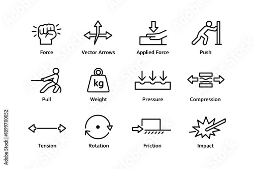 Force and motion icons: vector arrows, pressure, rotation, tension, impact