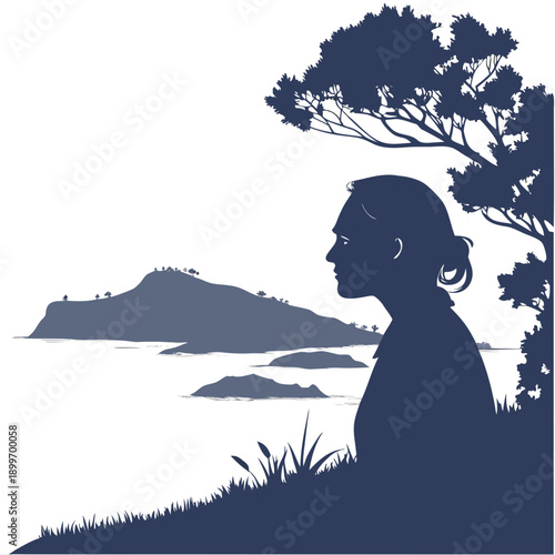Silhouette of a person gazing at a serene island landscape under a tree