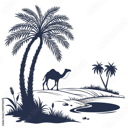 A camel walking in a desert landscape with palm trees and sand dunes